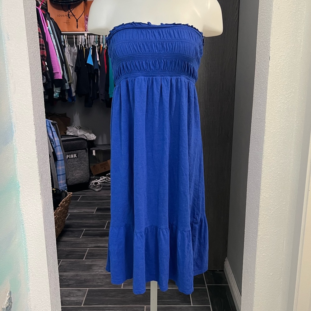 Express Dark Blue Strapless Tiered Mini Dress